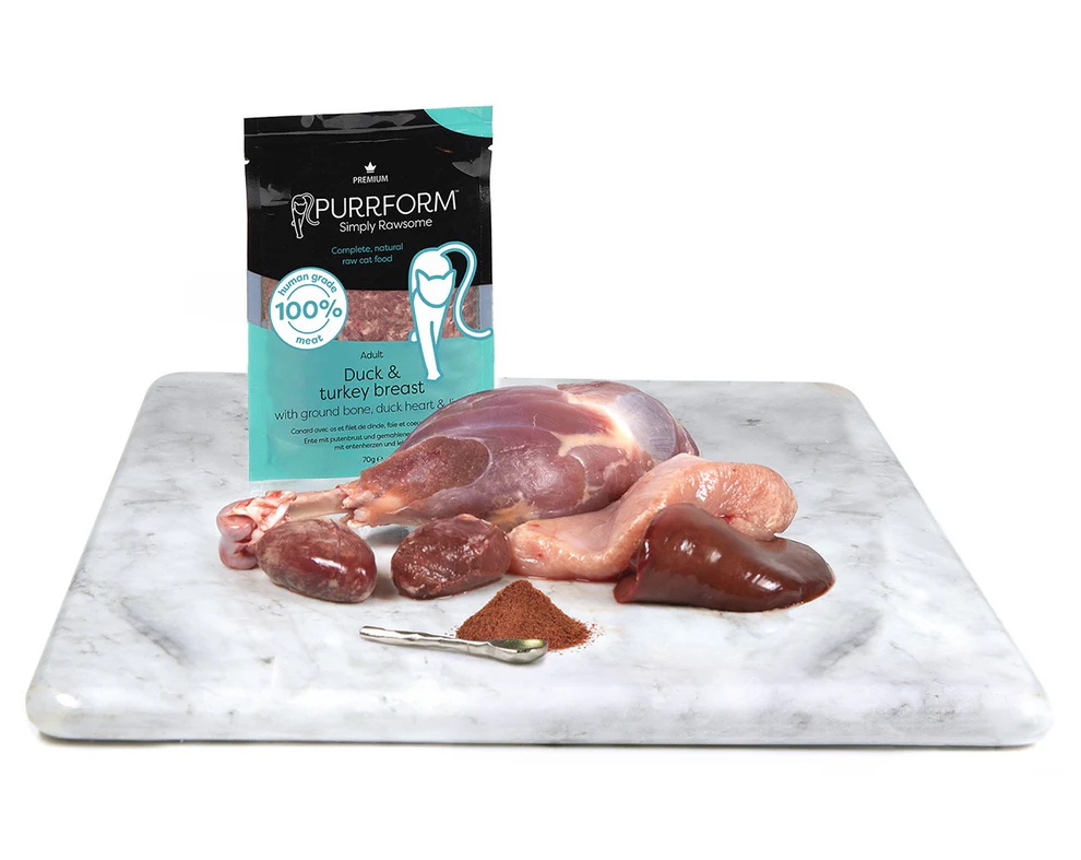 22952PURR-Premium-Duck-box__89409 * NEW* Purrform POUCHES - Duck with Turkey Breast & Ground Bone with Duck Heart & Liver 6 x 70g POUCHES