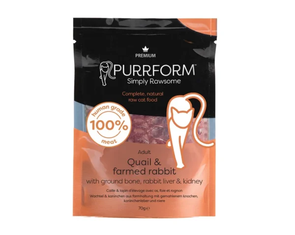 Premium_Quail_Farmed_Rabbit_70g_web__73725 * NEW* Purrform POUCHES Quail & Farmed Rabbit with Ground Bone with Rabbit liver and Kidney - 6 x 70g Pouches