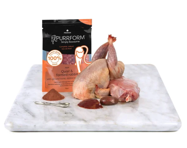 purrqr * NEW* Purrform POUCHES Quail & Farmed Rabbit with Ground Bone with Rabbit liver and Kidney - 6 x 70g Pouches