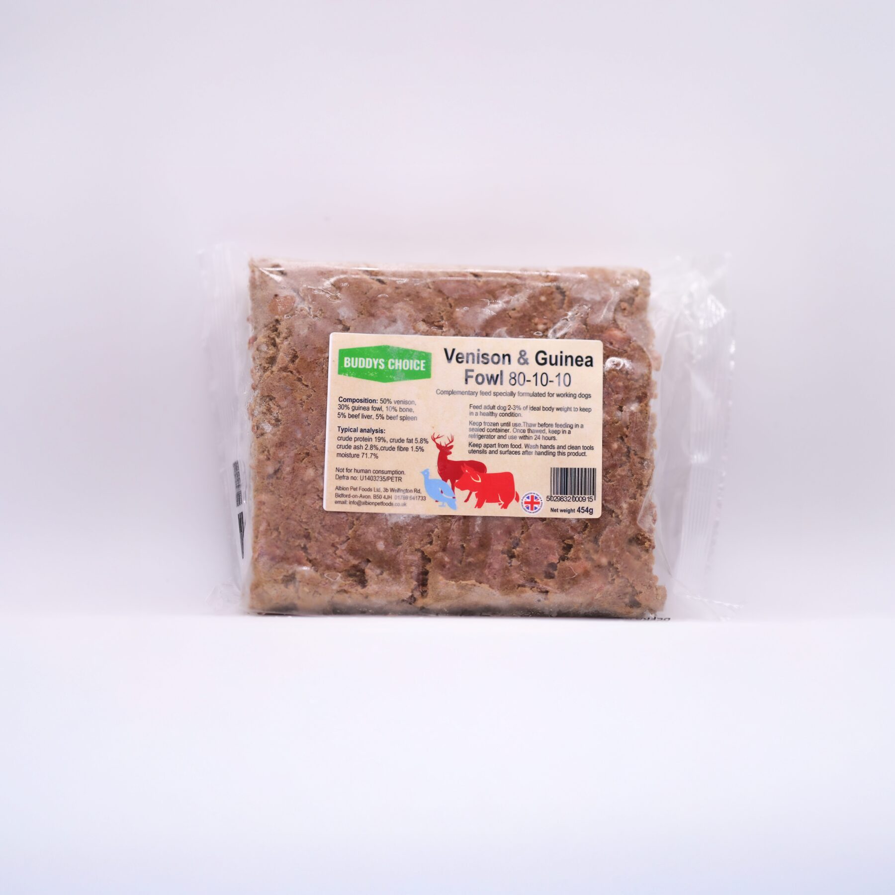 venison-2 Albion Pet Foods ~ Buddys Choice Venison & Guinea Fowl 80/10/10 454g