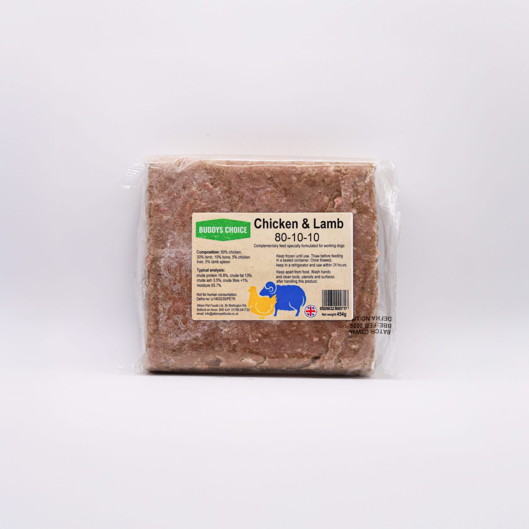 Chicken-Lamb Albion Pet Foods ~ Buddys Choice Chicken & Lamb 80/10/10 454g