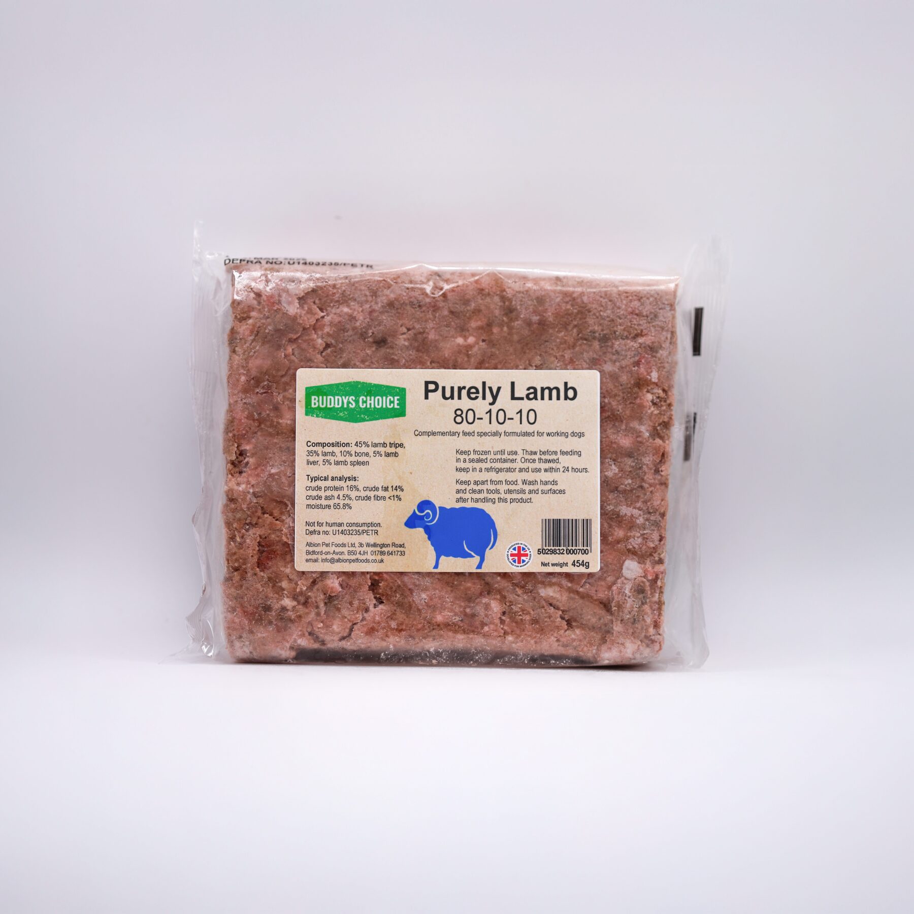 Purely-Lamb Albion Pet Foods ~ Buddys Choice Purely Lamb 80/10/10 454g